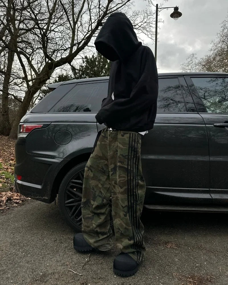 Y2k street new striped camouflage design men jeans Goth trend hip hop wide leg pants couple fashion casual loose straight pants