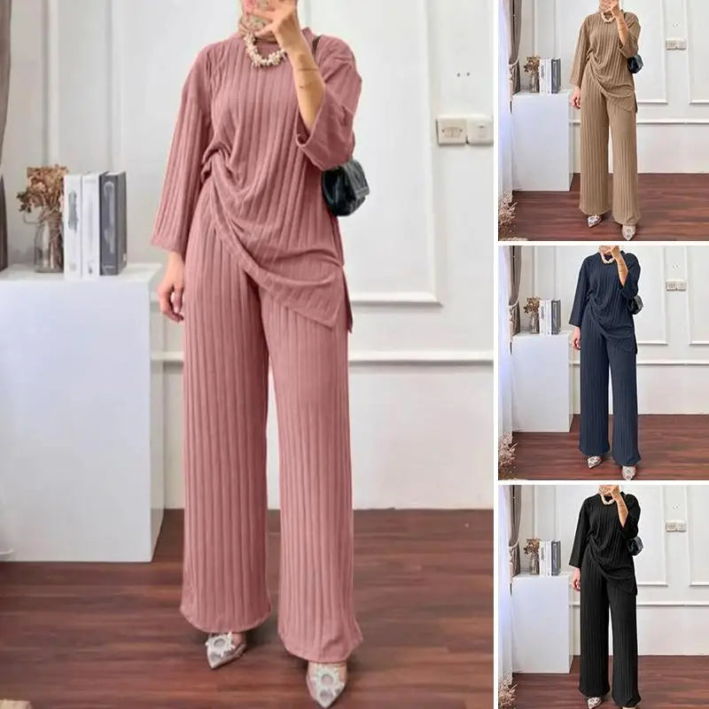 ZANZEA Women Muslim Matching Sets Autumn 2PCS Long Sleeve Blouse Wide Leg Pants Sets Fashion Tracksuit Winter Outifits Oversize