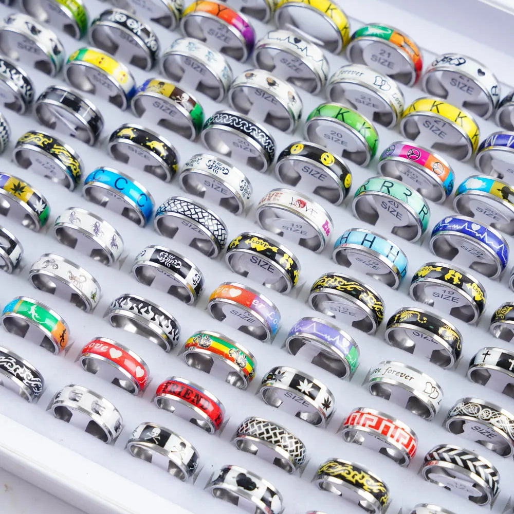 10/20/30/50Pcs Classic Fashion Stripe Hollow Colorful Sticker Stainless Steel Ring Trend Women Jewelry Party Decoration Gift