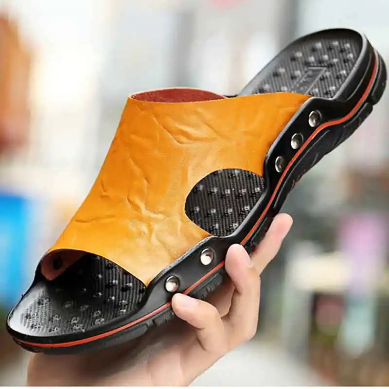 YRZL Slippers Mens PU Leather Classic Summer Men Sandals Soft Brown Outdoor Comfortable Slippers Lightweight EVA Slides for Men