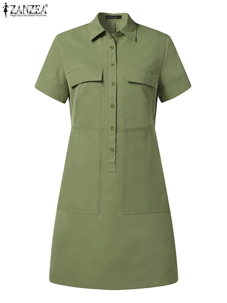 ZANZEA Women Summer Cargo Dress Fashion Solid Shirt Vestidos Vintage Loose OL Work Sundress Green Elegant Holiday Dresses Kaftan