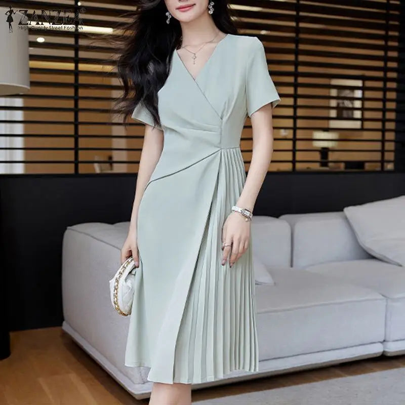 ZANZEA Elegant V Neck Party Dresses 2024 Summer Women Korean Fashion Solid Color Vestidos Short Sleeve Pleated Draped Midi Dress