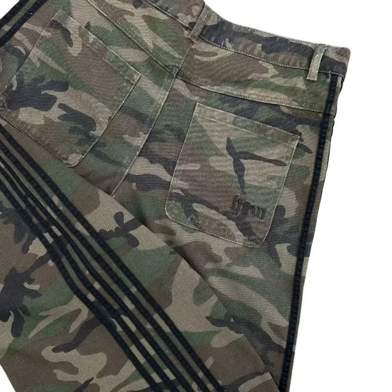 Y2k street new striped camouflage design women jeans Gothic fashion hip hop high waisted jeans couple fashion wide leg pants