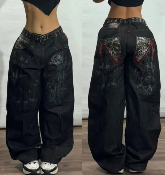 Y2K American New Pattern Printing Washed Baggy Jeans Men Harajuku Vintage Hip Hop Rock Popular Gothic High Waist Wide Leg Pants