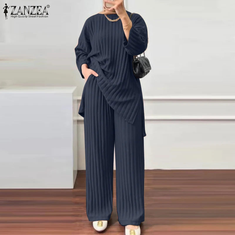 ZANZEA Women Muslim Matching Sets Autumn 2PCS Long Sleeve Blouse Wide Leg Pants Sets Fashion Tracksuit Winter Outifits Oversize