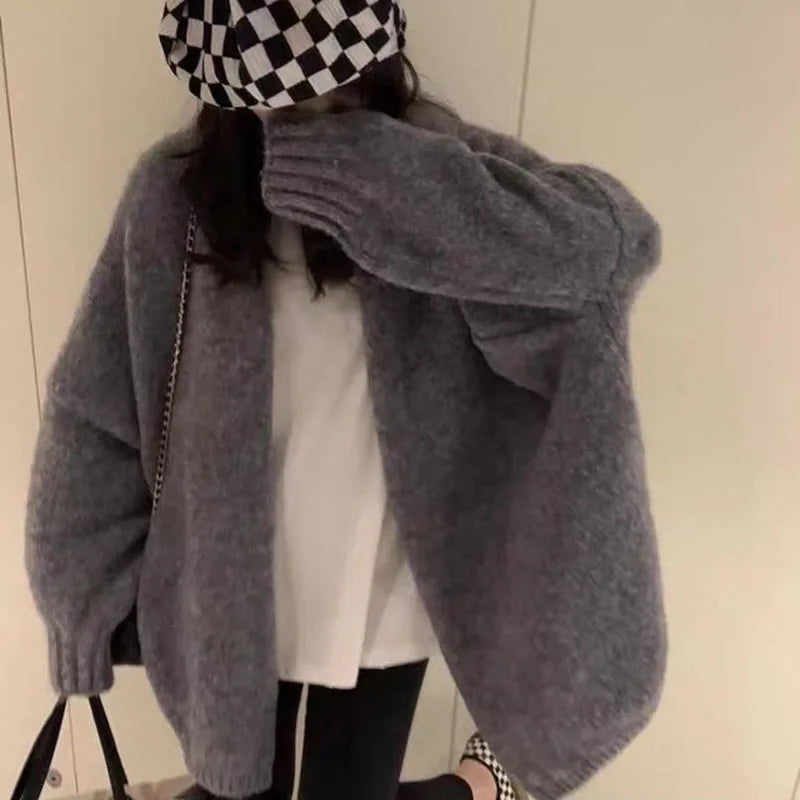 Zoki Autumn Winter Thicken Warm Women Cardigan Sweater Korean Lazy Wind Soft All Match Cardigans Tops Solid Loose Knitted Coats