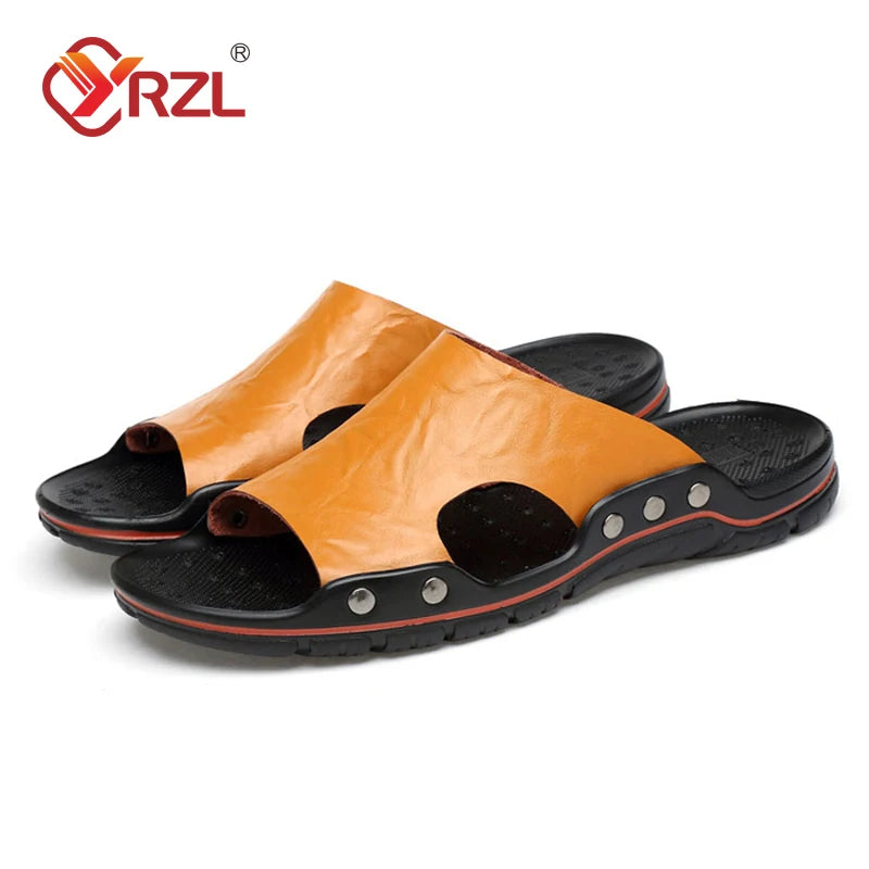 YRZL Slippers Mens PU Leather Classic Summer Men Sandals Soft Brown Outdoor Comfortable Slippers Lightweight EVA Slides for Men