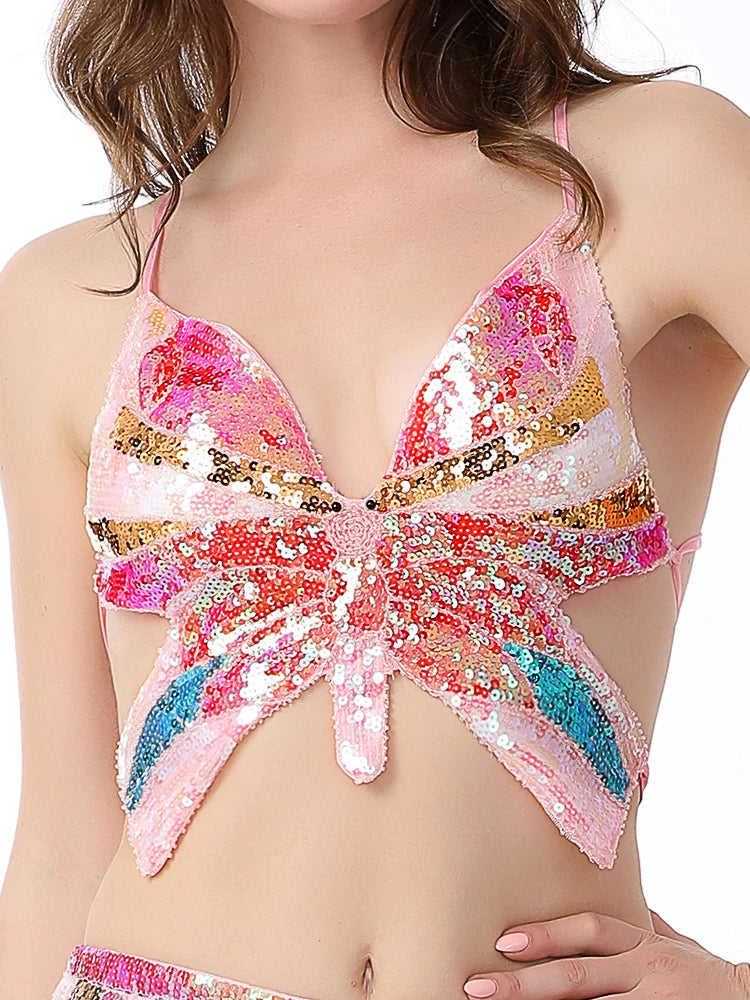 Women's Shimmer Sequin Crop Top Low-Cut Tube Top Sexy Butterfly Lace-up Tank Vest Top Rave Halloween Clubwear Camis