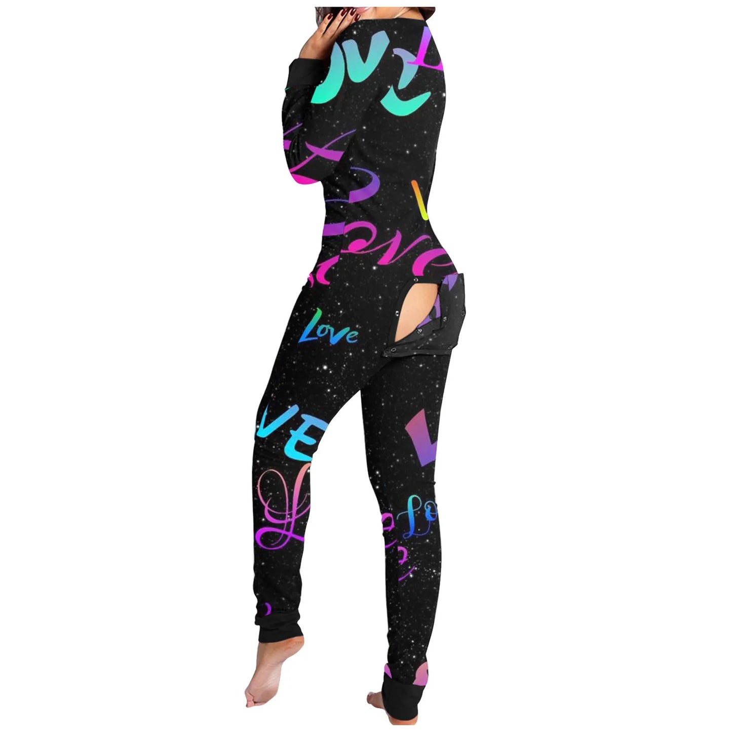 Love Letter Print Onesies With Butt Flap For Adults Valentine Sexy Sleepwear Romper Women's Jumpsuit Open Butt Pajamas Nightwear