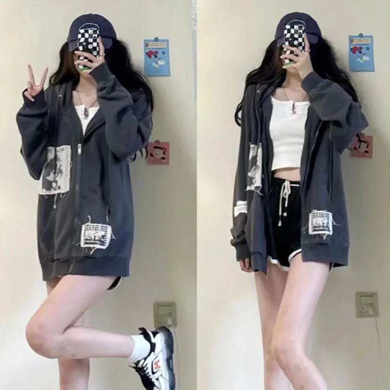 Zip Up Hoodie Grunge Aesthetic Clothes Oversized Sweatshirt with Zipper Vintage Y2k Tops Kawaii Coat Spring Autumn Streetwear