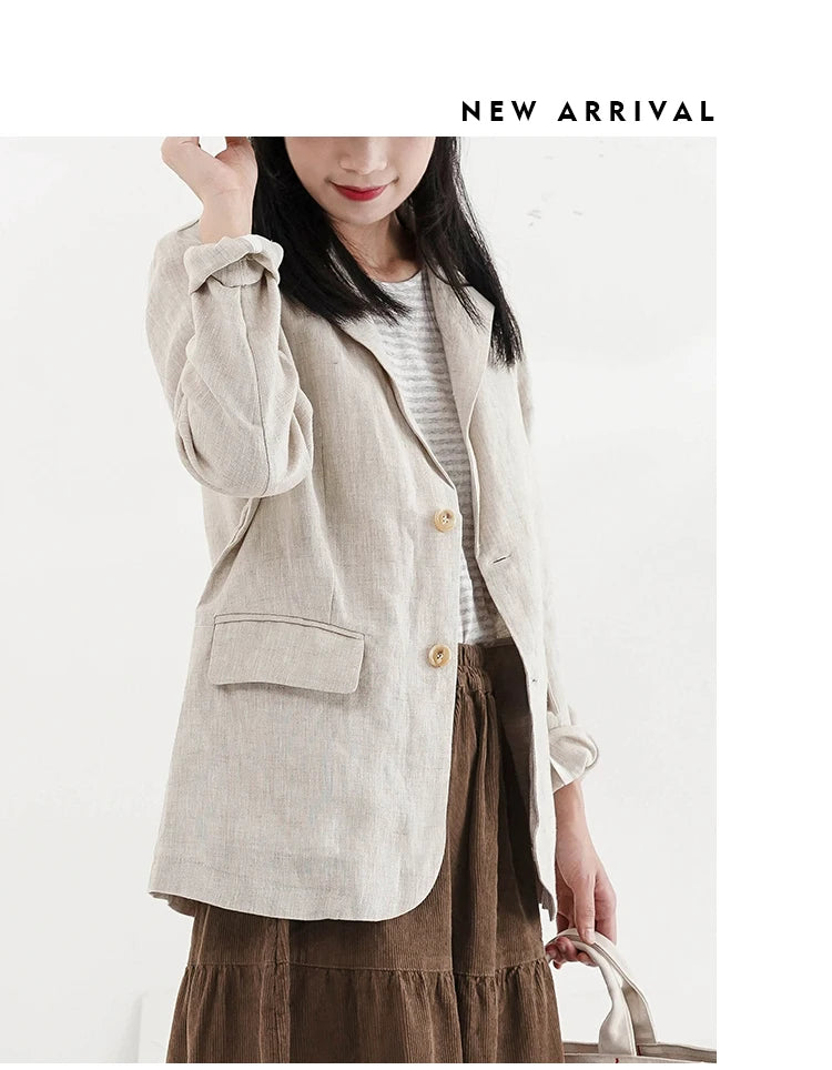 100% Linen Women Blazer Casual Notched Collar Long Sleeve Singgle Breasted Office Lady Outerwear Stylish Tops Retro Coat