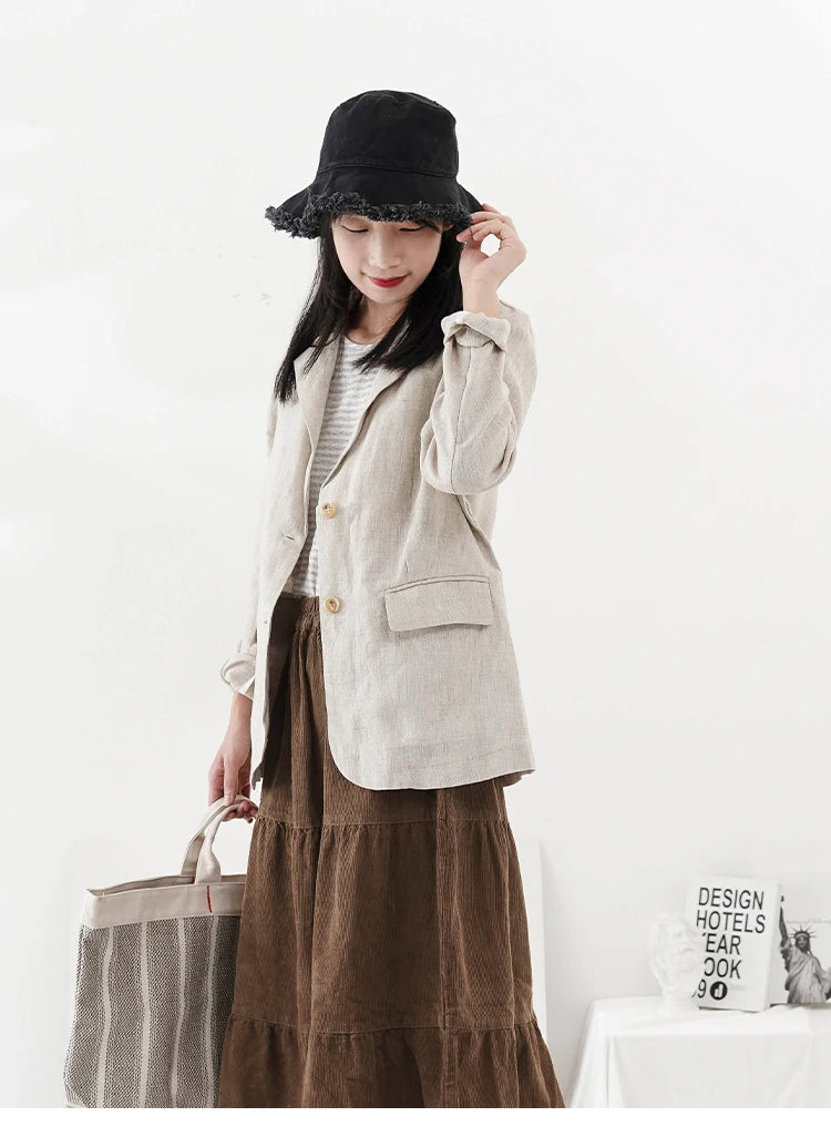 100% Linen Women Blazer Casual Notched Collar Long Sleeve Singgle Breasted Office Lady Outerwear Stylish Tops Retro Coat