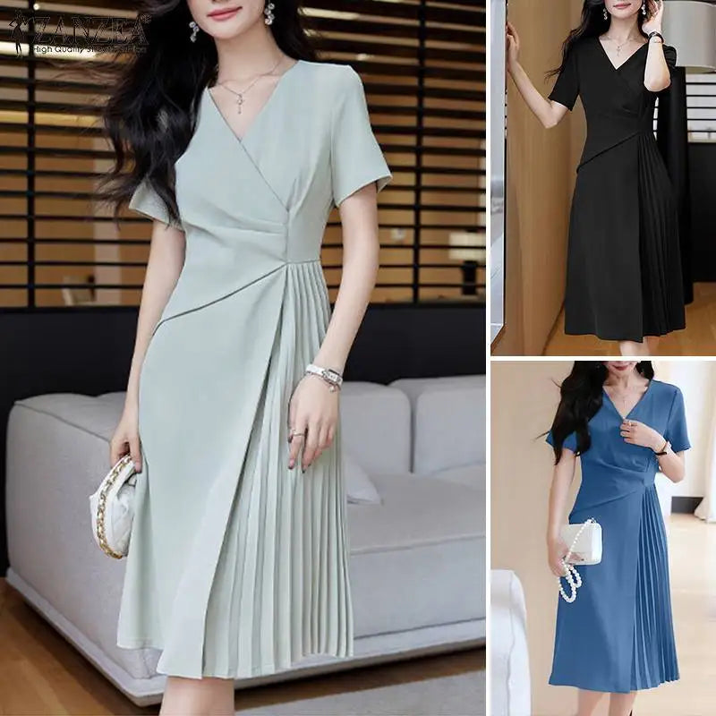 ZANZEA Elegant V Neck Party Dresses 2024 Summer Women Korean Fashion Solid Color Vestidos Short Sleeve Pleated Draped Midi Dress