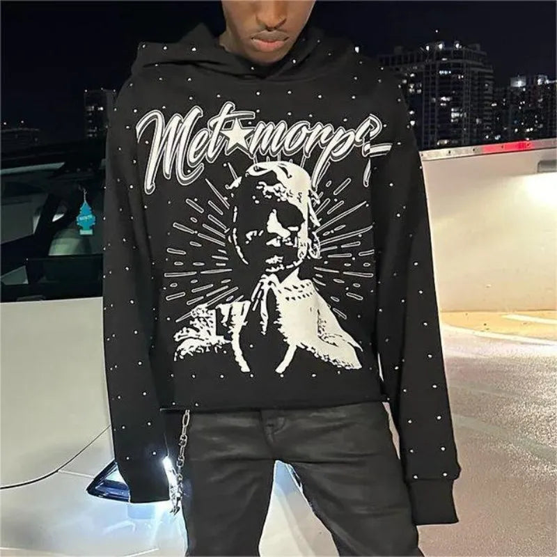 Y2K Rhinestone Hoodies Women Gothic Black Pullover Oversized Sweatshirts Female Retro Harajuku Hooded Jacket Streetwear Men Top