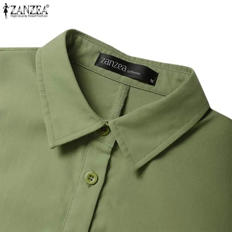 ZANZEA Women Summer Cargo Dress Fashion Solid Shirt Vestidos Vintage Loose OL Work Sundress Green Elegant Holiday Dresses Kaftan