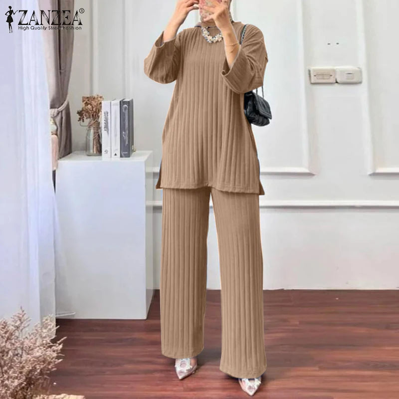 ZANZEA Women Muslim Matching Sets Autumn 2PCS Long Sleeve Blouse Wide Leg Pants Sets Fashion Tracksuit Winter Outifits Oversize