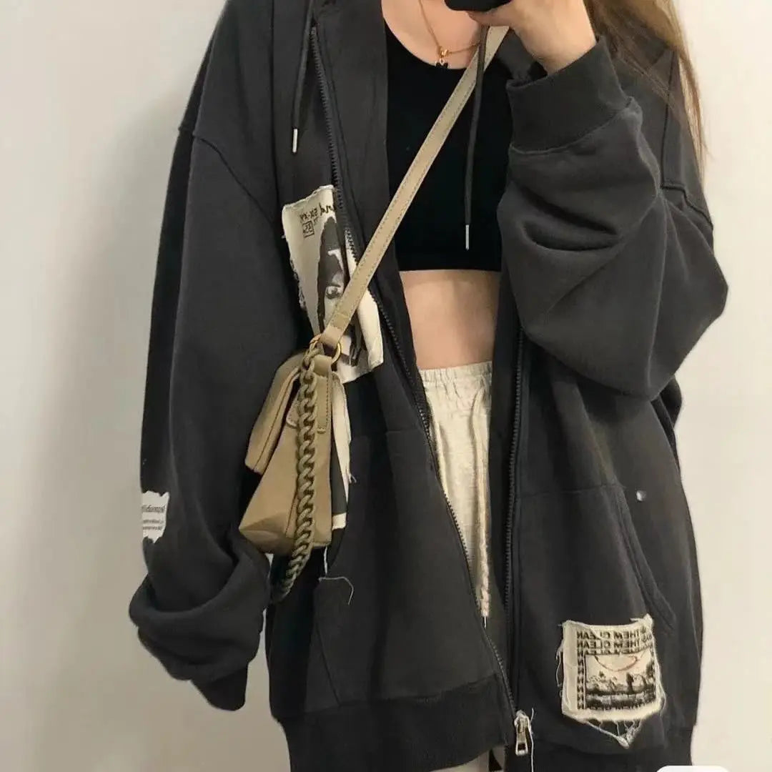 Zip Up Hoodie Grunge Aesthetic Clothes Oversized Sweatshirt with Zipper Vintage Y2k Tops Kawaii Coat Spring Autumn Streetwear