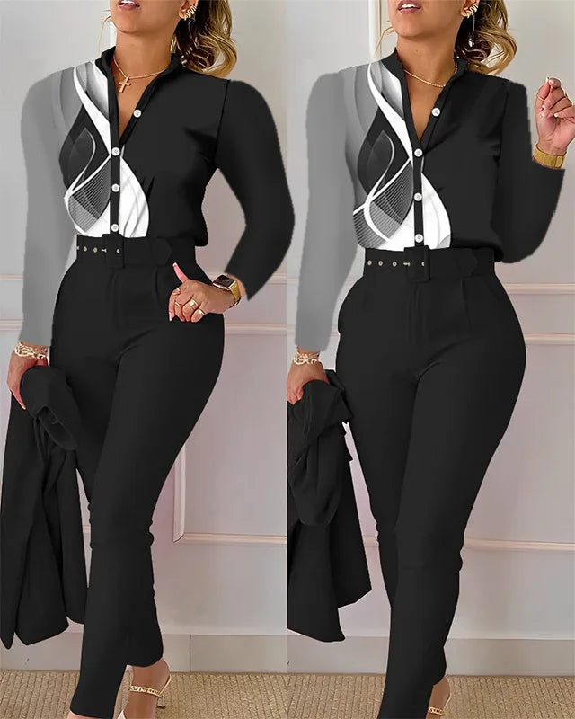 Elegant Women Printed Two Piece Suit Sets Spring Autumn V Neck Long Sleeve Shirt Top & Long Pants Set With Belt Workwear Outfits