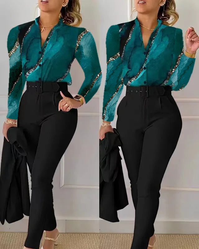 Elegant Women Printed Two Piece Suit Sets Spring Autumn V Neck Long Sleeve Shirt Top & Long Pants Set With Belt Workwear Outfits