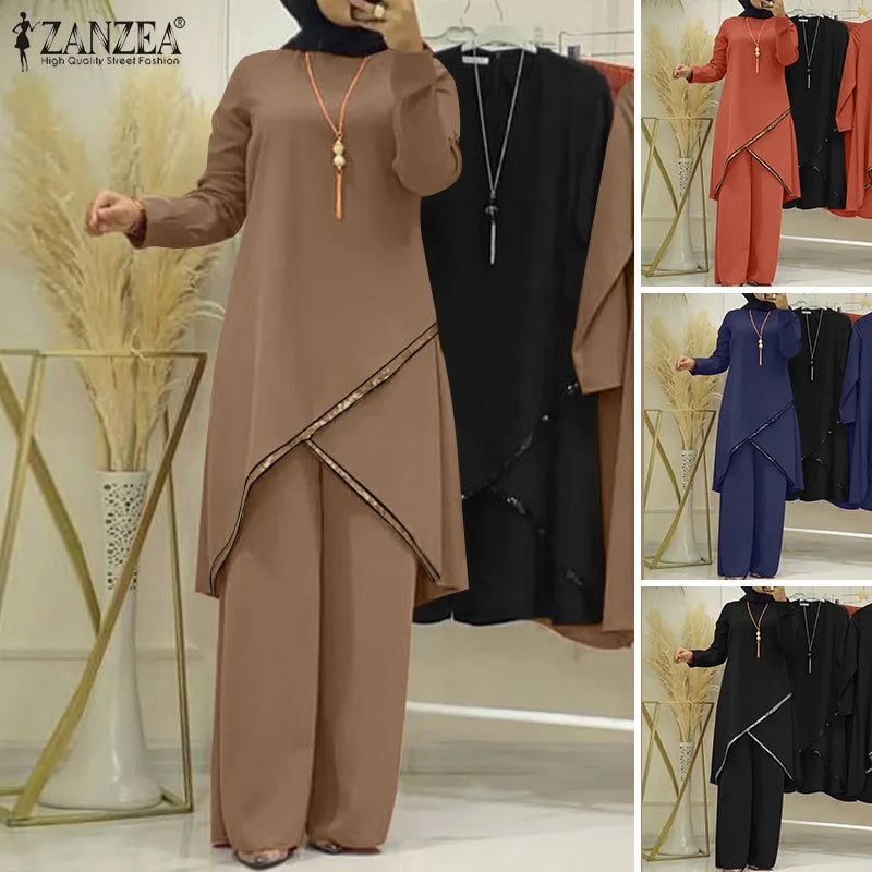 ZANZEA Fashion Tracksuit Muslim Women Long Sleeve Blouse Abaya Suits Sequins Islamic Clothing Loose Matching Sets 2PCS