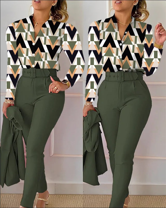 Elegant Women Printed Two Piece Suit Sets Spring Autumn V Neck Long Sleeve Shirt Top & Long Pants Set With Belt Workwear Outfits