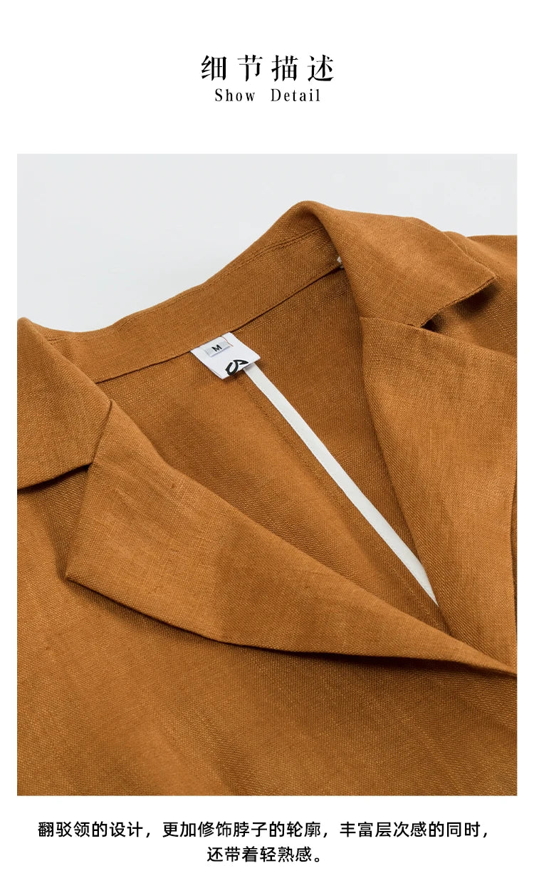 100% Linen Women Blazer Casual Notched Collar Long Sleeve Singgle Breasted Office Lady Outerwear Stylish Tops Retro Coat
