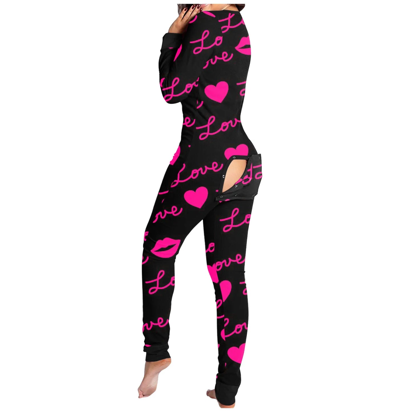 Love Letter Print Onesies With Butt Flap For Adults Valentine Sexy Sleepwear Romper Women's Jumpsuit Open Butt Pajamas Nightwear