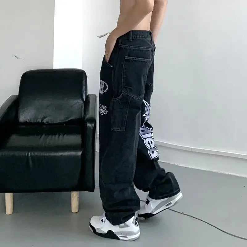 Y2K Women Fashion Streetwear Casual Letter Print Straight Wide Leg Pants Baggy Denim Trousers Men Low Rise Jeans Clothes