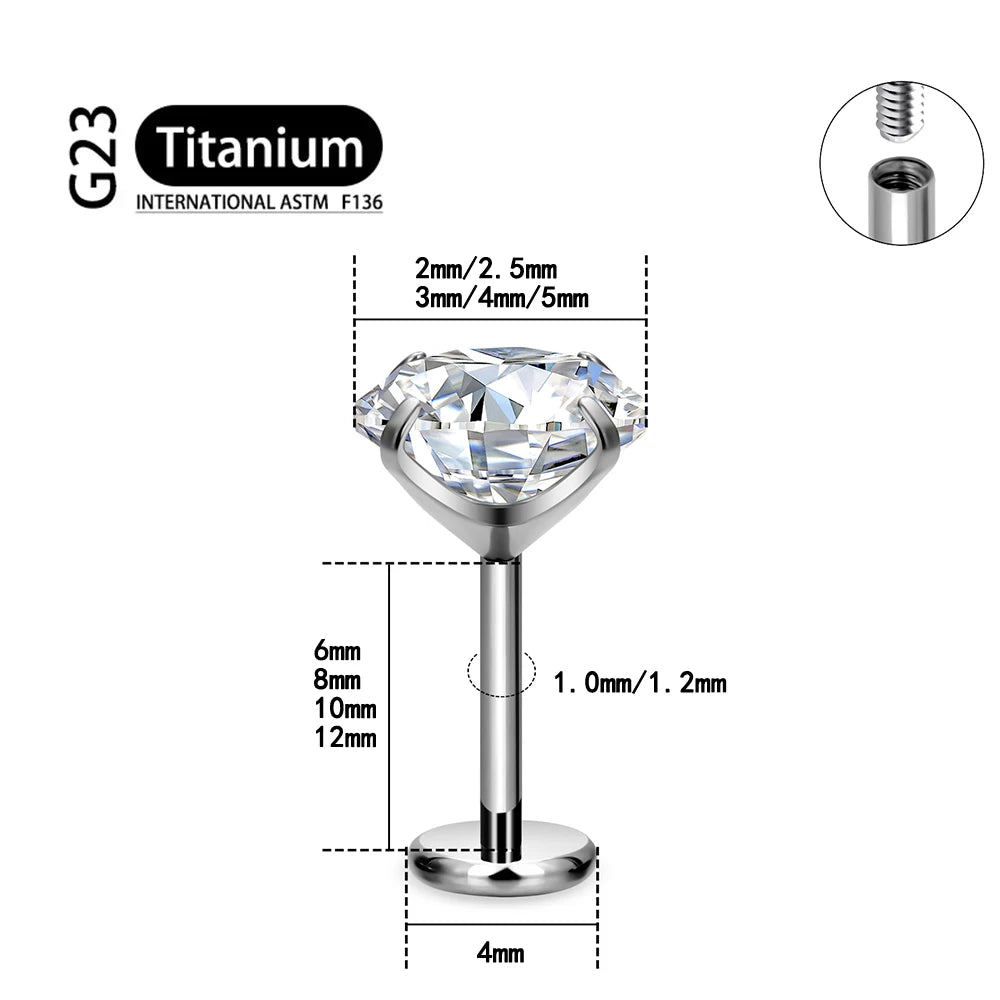 ASTM F136 Titanium 2/2.5/3/4/5/6Mm Cz Labret Stud 16G Tragus Helix Kraakbeen Schelp Flatback Oorlel Piercing Lichaam Sieraden ﻿