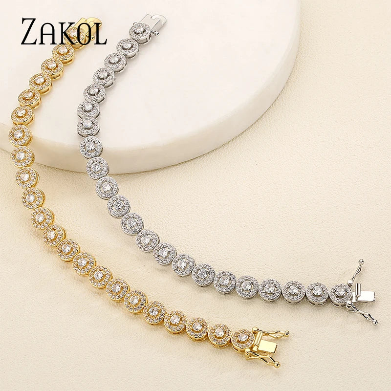 ZAKOL Classic Geometric Round Cubic Zirconia Tennis Bracelet Bangles for Women Charm Luxury Bridal Jewelry Accessories BP2271