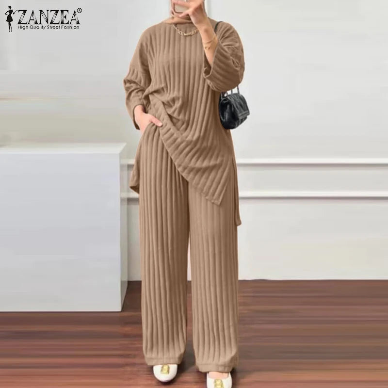 ZANZEA Women Muslim Matching Sets Autumn 2PCS Long Sleeve Blouse Wide Leg Pants Sets Fashion Tracksuit Winter Outifits Oversize