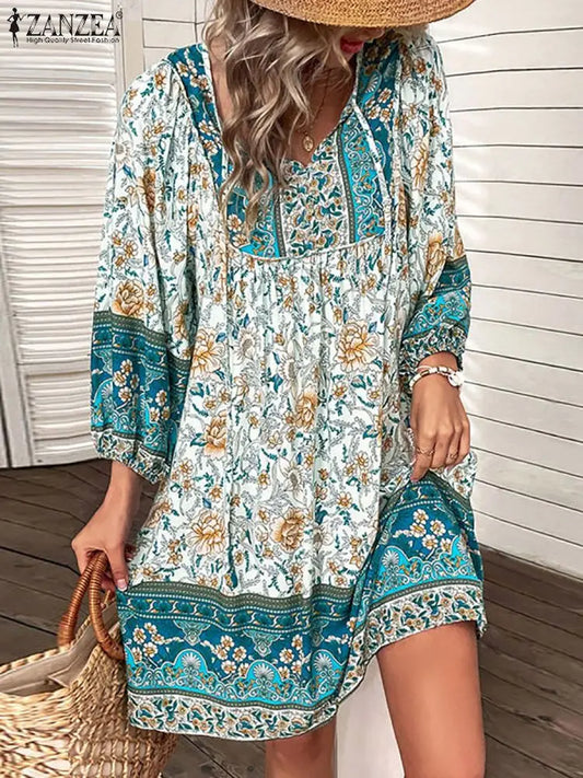 ZANZEA V-Neck Short Sleeve Floral Printed Sundress Women Summer Bohemian Dress Vintage Loose Elegant Casual Holiday Beach Robe