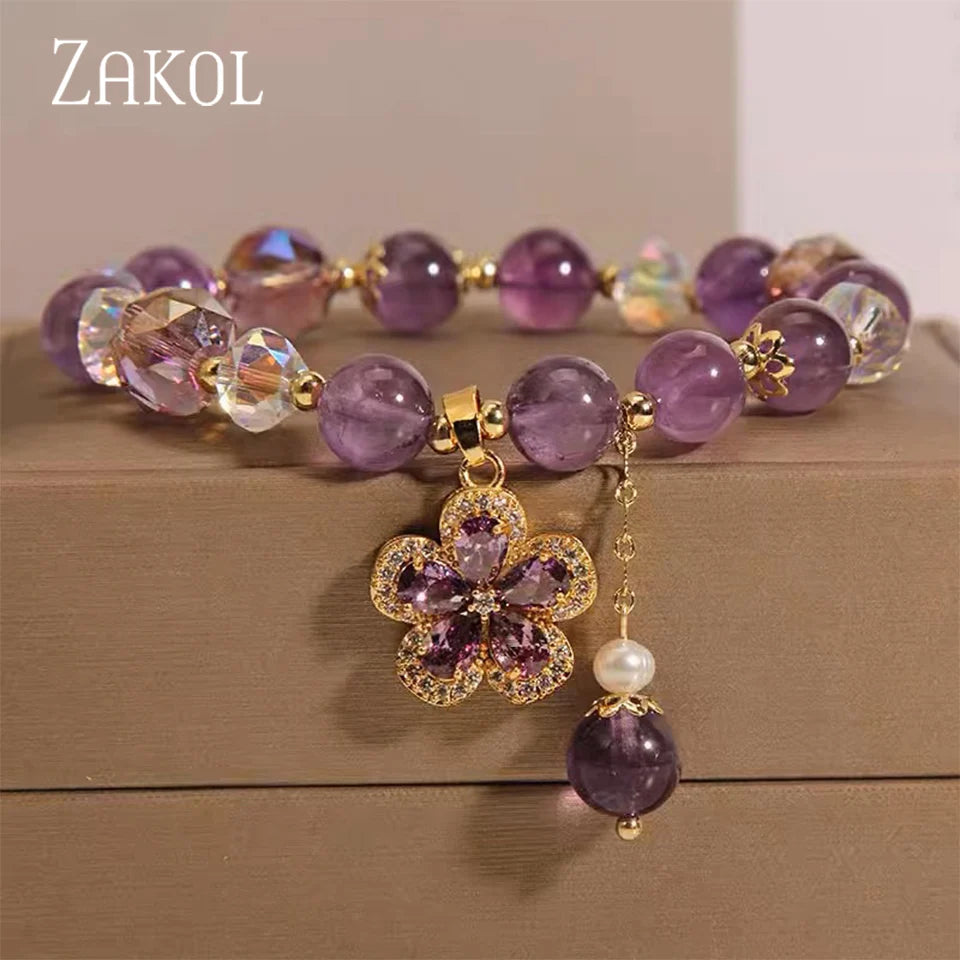 ZAKOL Exquisite Purple Crystal Beads Zircon Charm Bracelet for Women Girls Cute Birthday Jewelry Accessories Gifts