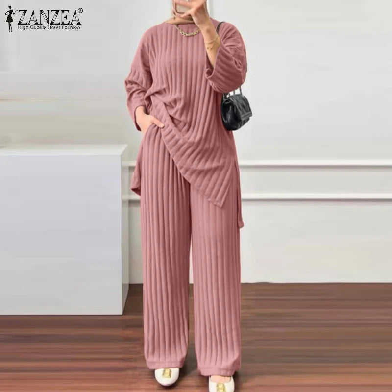 ZANZEA Women Muslim Matching Sets Autumn 2PCS Long Sleeve Blouse Wide Leg Pants Sets Fashion Tracksuit Winter Outifits Oversize