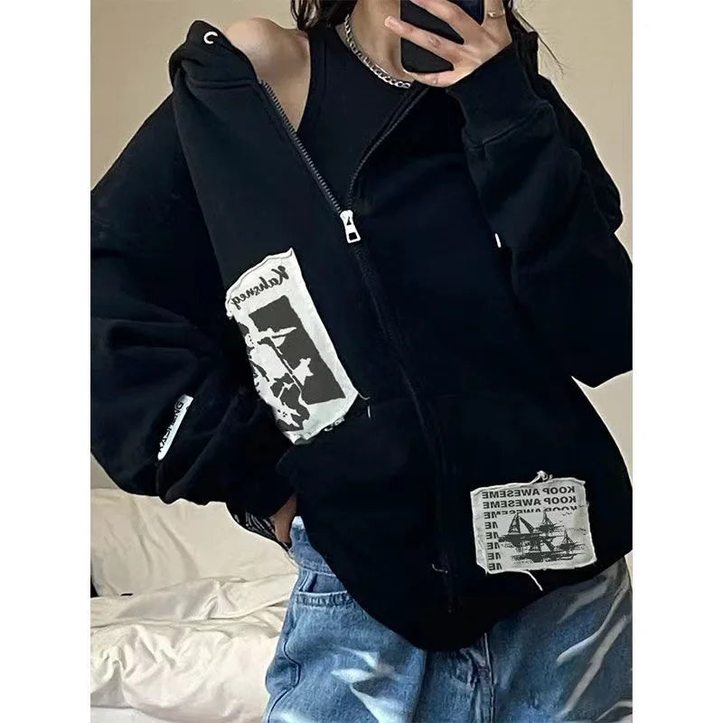 Zip Up Hoodie Grunge Aesthetic Clothes Oversized Sweatshirt with Zipper Vintage Y2k Tops Kawaii Coat Spring Autumn Streetwear