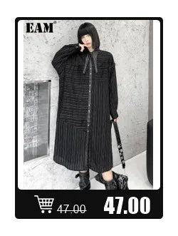 [EAM] Women Black Hollow Out Big Size Midi Shirt Dress New Lapel Long Sleeve Loose Fit Fashion Tide Spring Autumn 2024 1DF6037