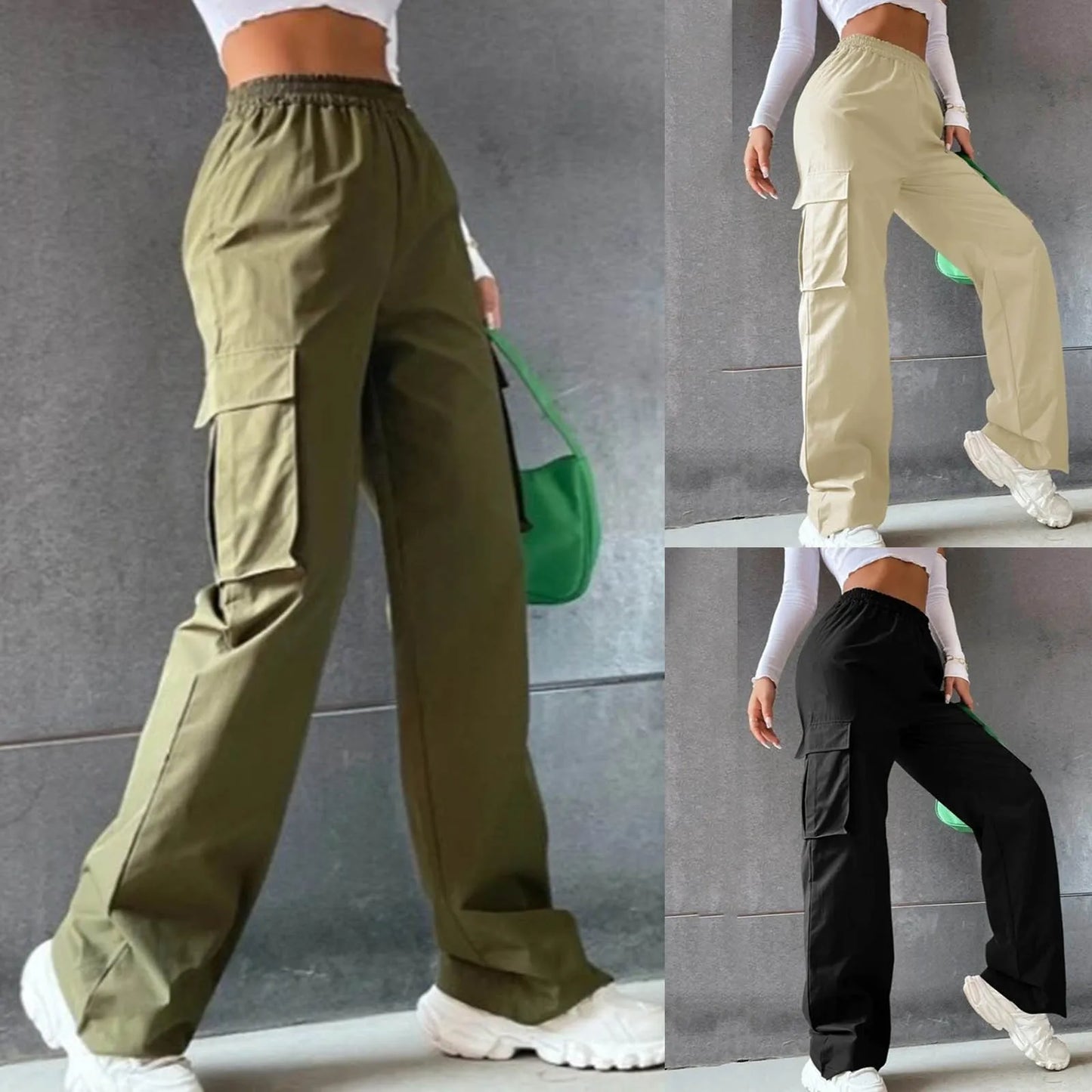 Young Girls Casual Pants Straight Wide Leg Trousers Female Loose Oversize Pockets Y2k Hip Hop Solid Color Pants Cargo Pants