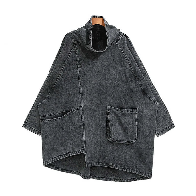 [EAM] Loose Fit Black Denim Big Size Sweatshirt New High Collar Long Sleeve Women Big Size Fashion Spring Autumn 2024 1K166