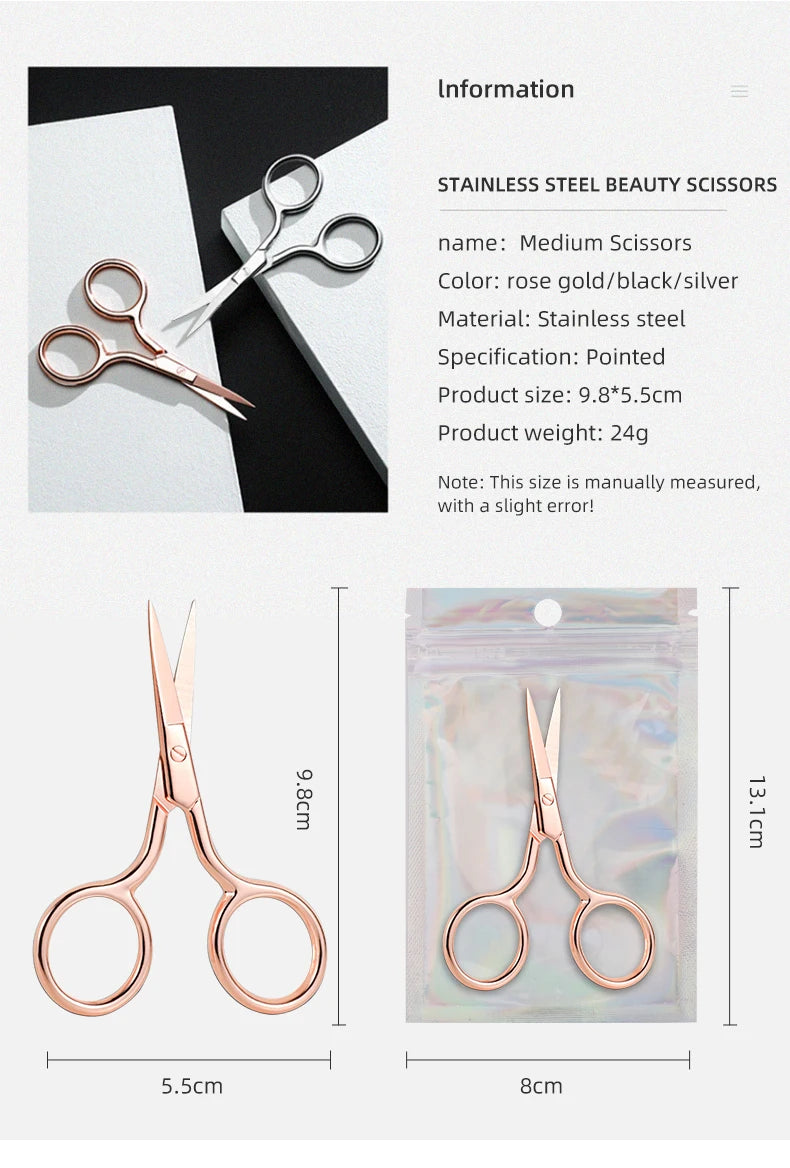 Z'LRAQI BEAUTY Rose Gold eyebrow scissors Eyelash Stainless steel pointed mini embroidery scissors Multi-functional