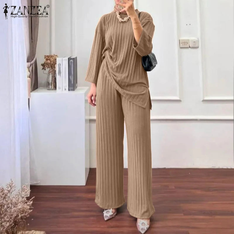 ZANZEA Women Muslim Matching Sets Autumn 2PCS Long Sleeve Blouse Wide Leg Pants Sets Fashion Tracksuit Winter Outifits Oversize