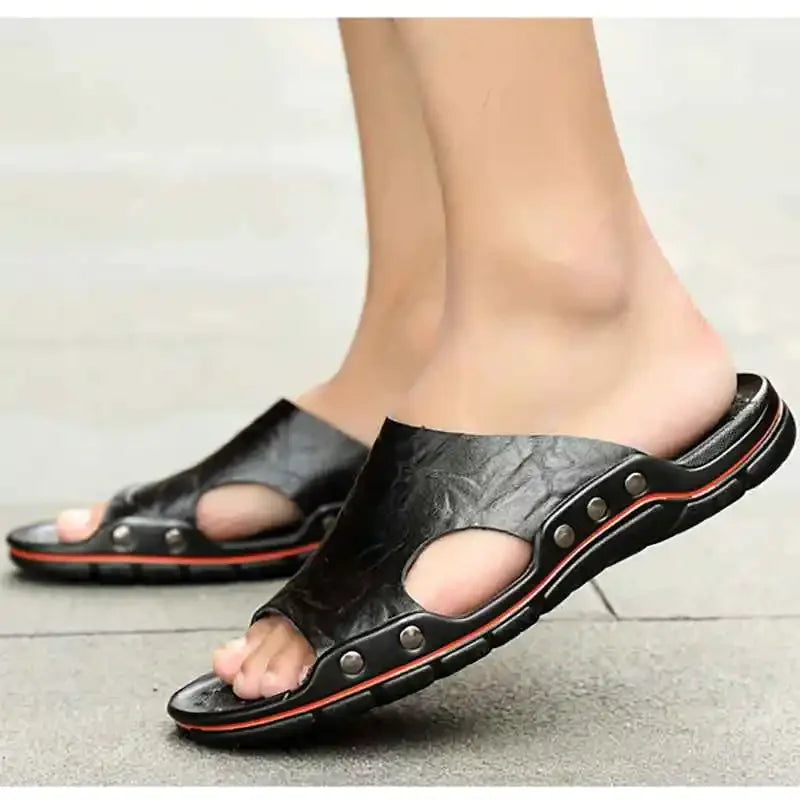 YRZL Slippers Mens PU Leather Classic Summer Men Sandals Soft Brown Outdoor Comfortable Slippers Lightweight EVA Slides for Men