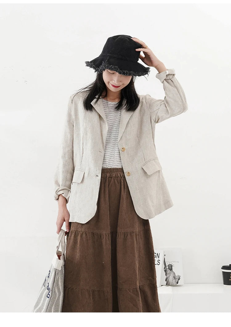 100% Linen Women Blazer Casual Notched Collar Long Sleeve Singgle Breasted Office Lady Outerwear Stylish Tops Retro Coat