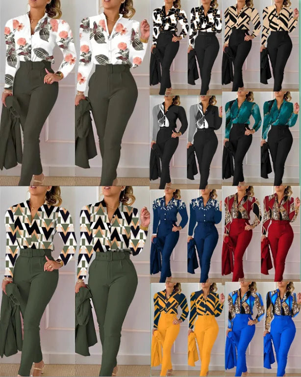 Elegant Women Printed Two Piece Suit Sets Spring Autumn V Neck Long Sleeve Shirt Top & Long Pants Set With Belt Workwear Outfits