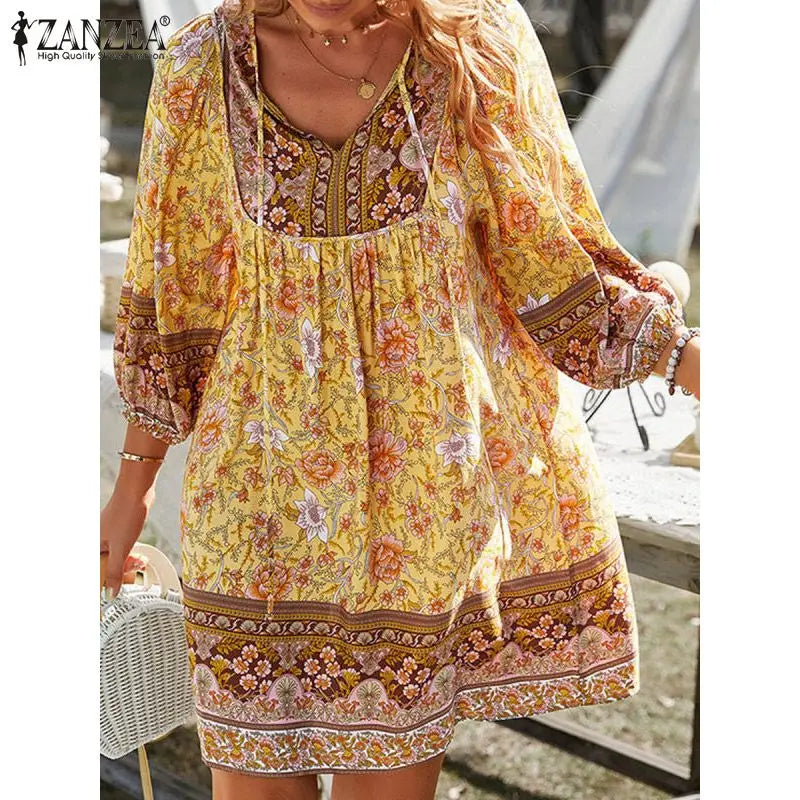 ZANZEA V-Neck Short Sleeve Floral Printed Sundress Women Summer Bohemian Dress Vintage Loose Elegant Casual Holiday Beach Robe