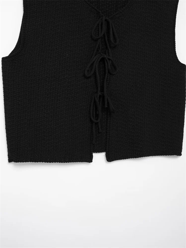 Zevity Women Euro Style V Neck Solid Sleeveless Bow Short Vest Jacket Ladies Retro Knitting Cardigan Slim WaistCoat Tops CT6203