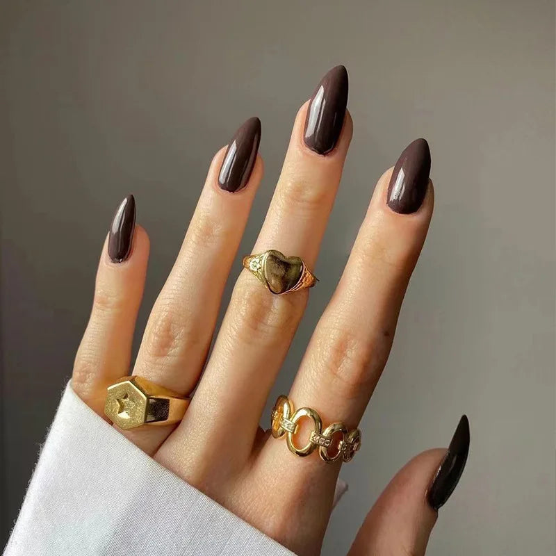 24p Artificial Acrylic Finished Sticky Nails Black Almond Nail Art Fake Nails Handmade Long Ballet Removable Press on Nail Tips