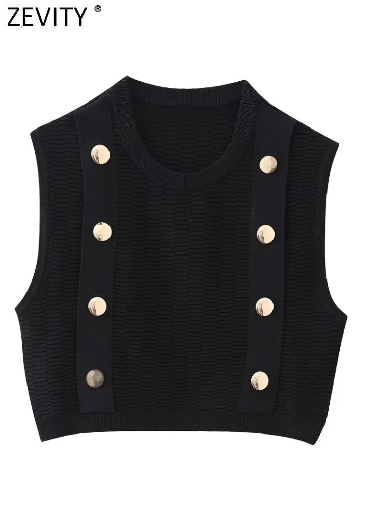 Zevity Women Fashion O Neck Sleeveless Metal Buttons Design Knitting Vest Sweater Female Chic Waistcoat Pullovers Tops SW5065