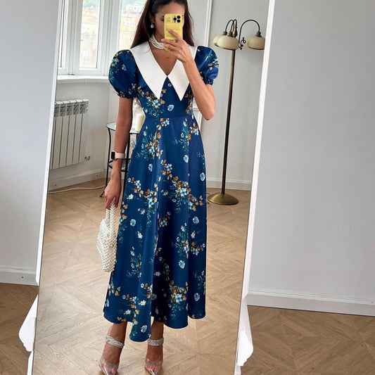 Peter Pan Collar Short Sleeve Blue Floral Dress