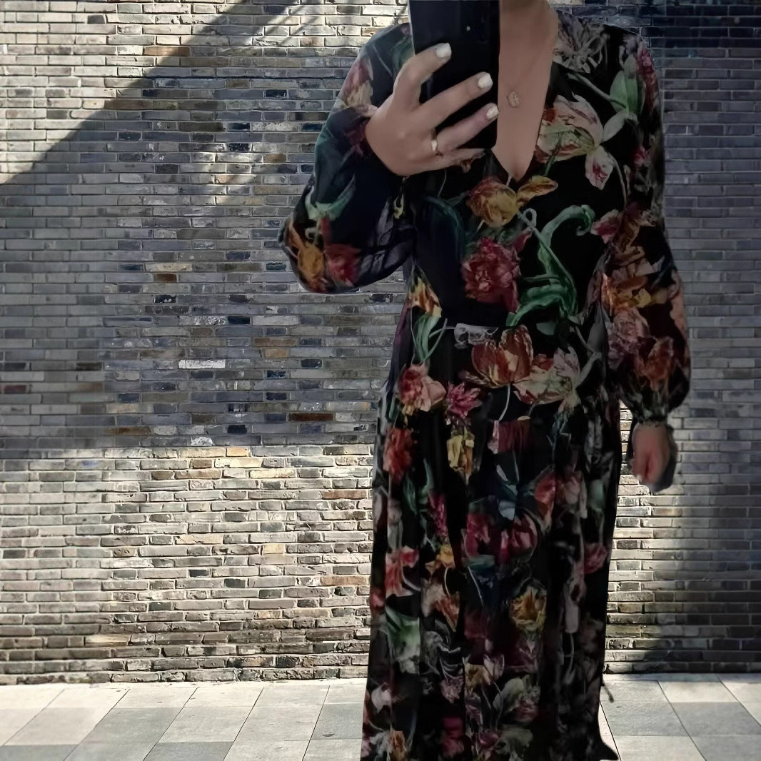Lantern Long Sleeve Dress Fitted Waist Pleated Printed Dress