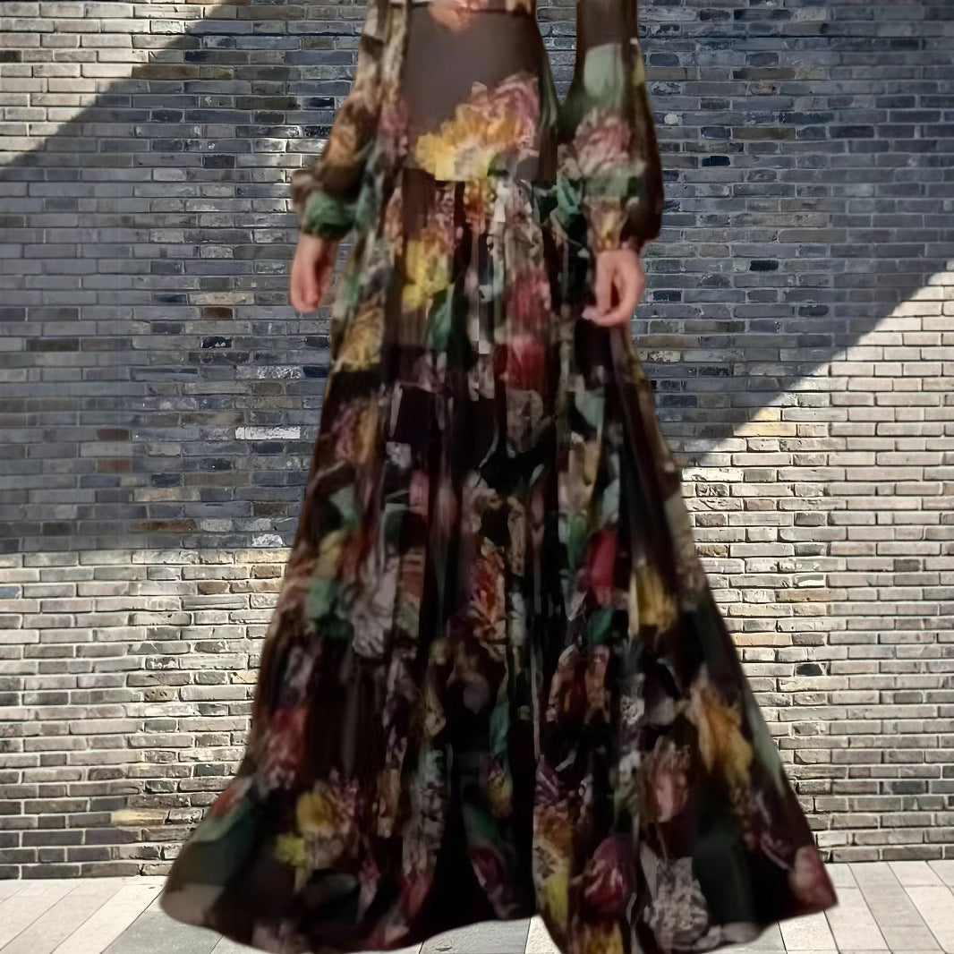 Lantern Long Sleeve Dress Fitted Waist Pleated Printed Dress